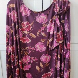 Susan Graver Burgundy Foil Print Liquid Knit Top w Tie Accent-5X- NWT